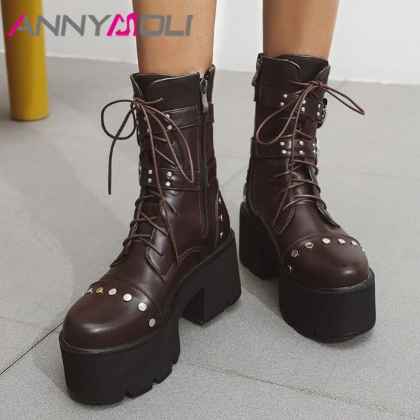 

annymoli rivet zip woman boots platform high heel mid calf boots block heel shoes buckle lace up ladies autumn winter 44, Black