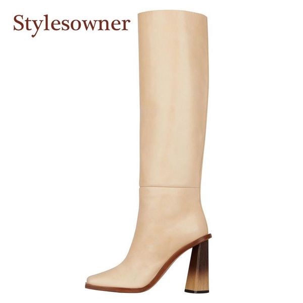 

boots genuine leather knee-high woman fashionable square-toe thick-spike-heels black apricot white elegant motorcycle