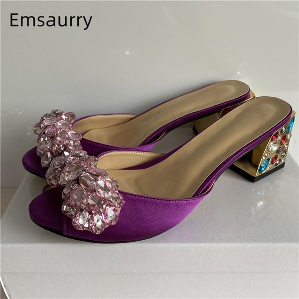 

sweet crystal flower party shoes woman colorful diamond heel med square heels peep toe luxury satin slingback sandals women, Black