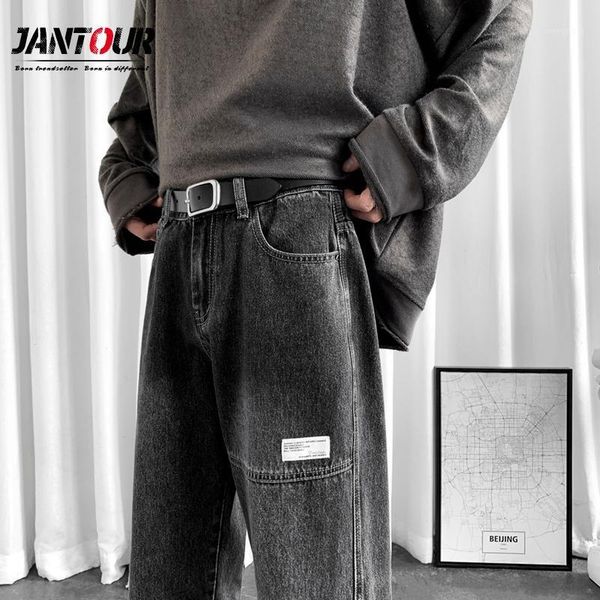 

men black patchwork jeans spring korean big pocket letter print denim pants baggy straight harem jeans streetwear trousers male1, Blue