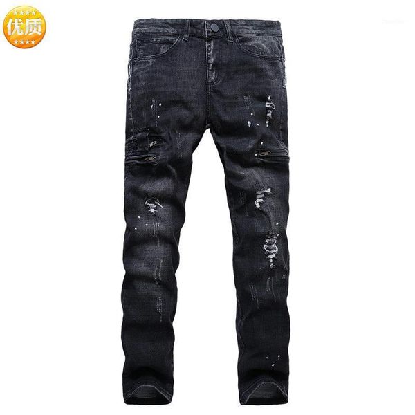

popular autumn and winter men's slim jeans youth men's wear small hole pants large long pants1, Blue
