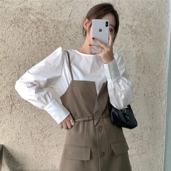 

dtjys and autumn winter 2020 chic korean pants sling jumpsuit style ghost horse girl niche temperament long-sleeved white shirt suspender ju, Gray