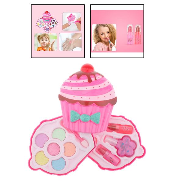 

kids make up kit washable pretend makeup set for girls age 3+ includes pink princess cosmetics case, eye shadow, blush, brushes, lip gloss