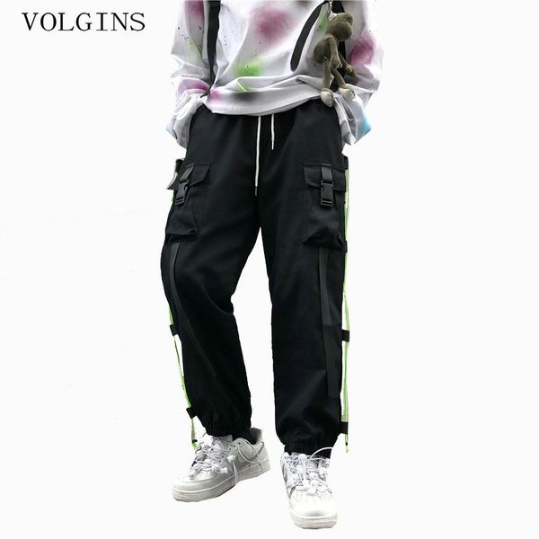 

streetwear male hip hop loose casual harem trousers jogger sweatpants elastic waist pockets ribbons men cargo pants