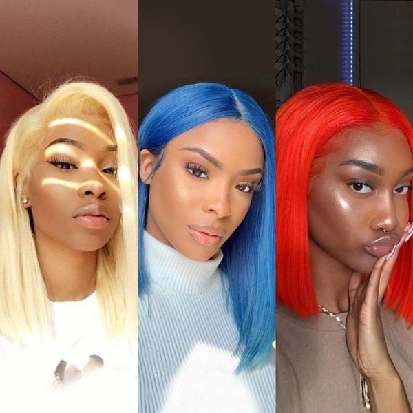 

13x6 deep part transparent lace blonde lace front human hair wigs straight remy hair 613 yellow red blue colored human bob, Black;brown