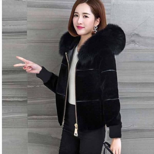 

2020 new womens winter sheep sharing overcoat ladies high waist slim faux fur jacket female fake fox fur hooded short coat o4, Black