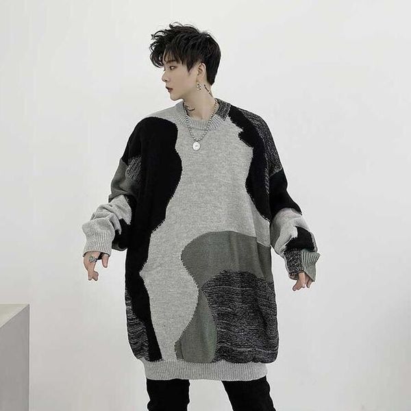 

korea men's irregular jumper sweaters fashion casual pullover contrast color sweater male knittwear streetwear couples outwear, White;black