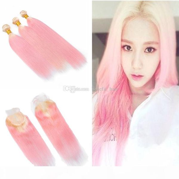 

ombre two color #613 blonde peach pink hair weft extension with lace closure pink silky straight 3 bundles virgin hair weaves with closure, Black;brown