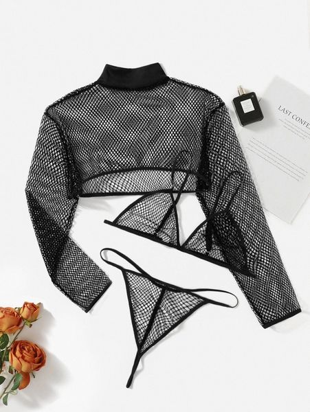 

3pack plus fishnet triangle lingerie set with 68w7#, Black;white