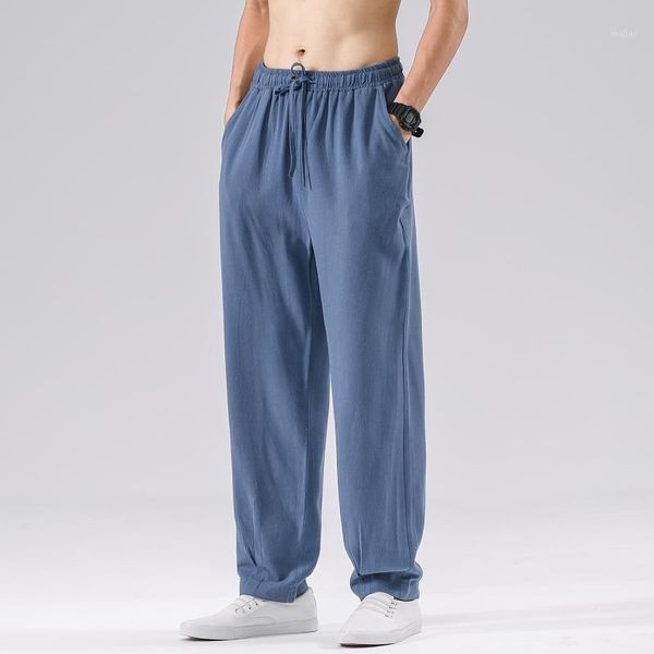 

men's pants 2021 men solid mens casual elastic waist cotton linen harem brand male hip hop flax trousers 5xl1, Black