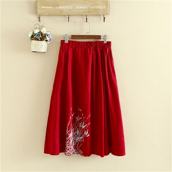 

xl-3xl plus size cotton and fine-waisted linen elastic waistline printed long skirts mn5a, Black