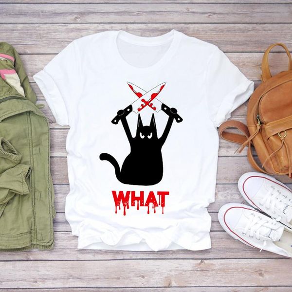 

women cartoon cat scary horror animal halloween 90s print lady t shirts womens graphic t shirt ladies female tee shirt, White