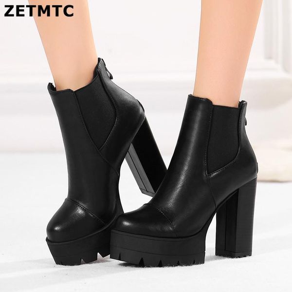 

boots women's shoes ankle 2021 winter fashion thick heel platform high-heeled 33-43, Black