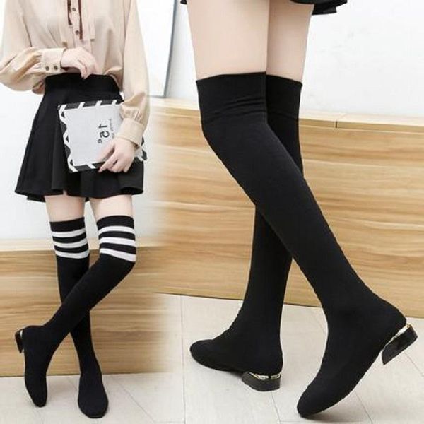 

2020 new fashion slim high-tube elastic boots spring and autumn thick heel trend socks boots, Black