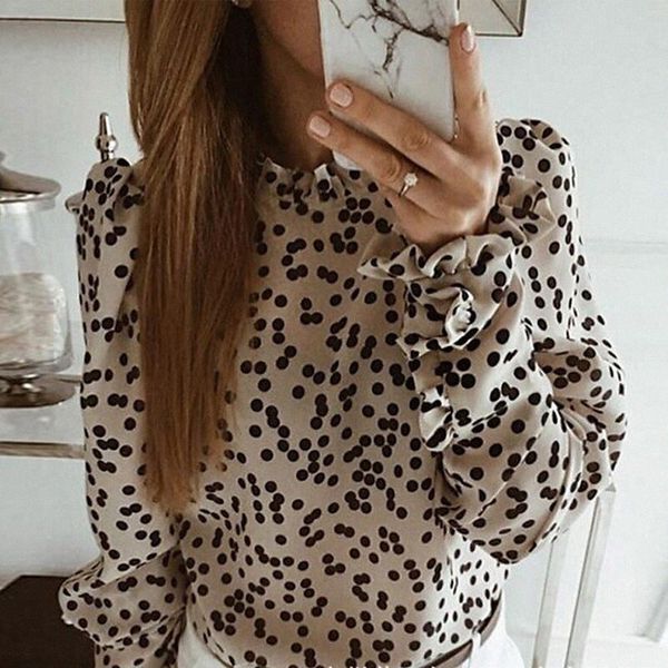 

women's blouse shirt polka dot print high neck streetwear beige e5qi#, White