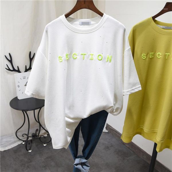 

ulzzang letter embroidery tee women summer 2020 high street loose cotton t shirt female short sleeve street tshirt teen1, White