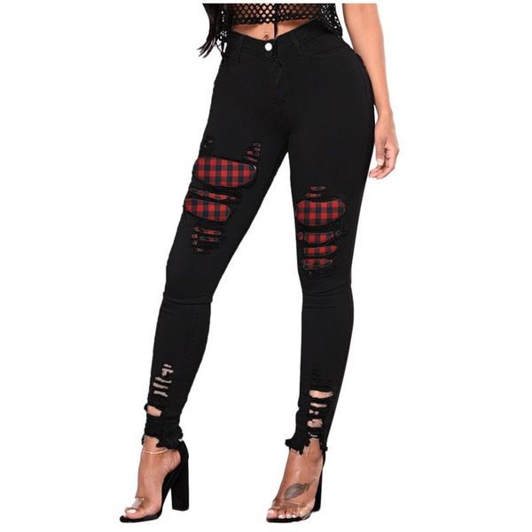 

woman high waisted straight skinny stretchy pant streetwear women print hole washed denim pencil pants trousers #t2g, Blue