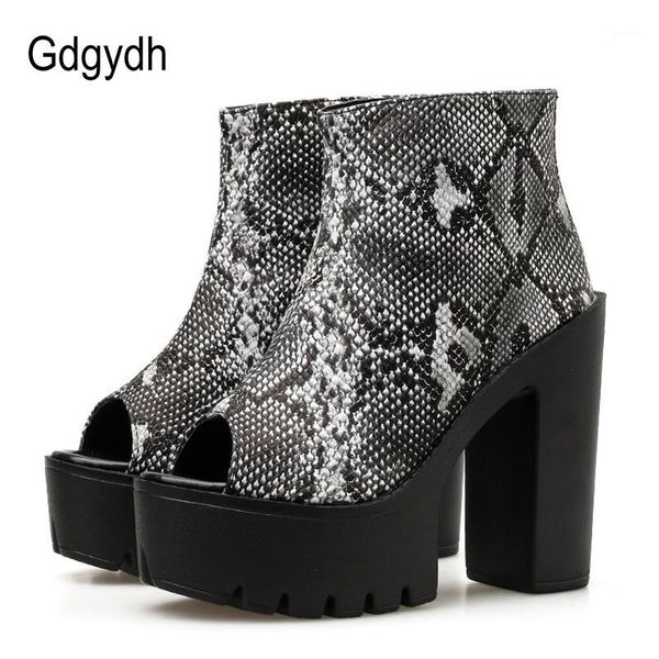 

gdgydh snake print women boots high heels platform with zipper open toe spring shoes female nightclub party shoes, Black