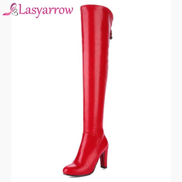 

lasyarrow thick high heels round toe zipper botas femininas fashion over the knee boots string bead thigh high long boots woman, Black