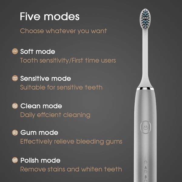 Irrigadores orais IPX7 Lavável com substituição 8 pincel cabeças 5 modos Gum Care Smart Timer Sonic Electric Toothbrush para adultos cobrança USB