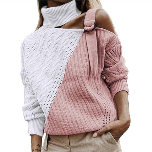 

women patchwork turtleneck sweater off shoulder buckle knitted pullover autumn winter long sleeve jumper pull knitwear, White;black