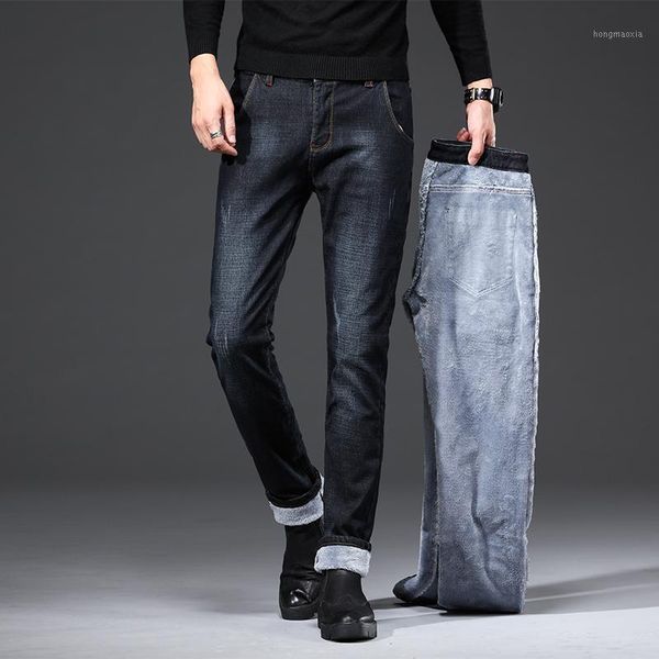 

men winter denim jeans good quality men black stretch jeans new male slim fit solid long thicker warm smart casual1, Blue