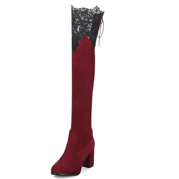 

women boots over knee booties ladies big size shoes woman lace up round toe over-the-knee large size rubber high heel red, Black