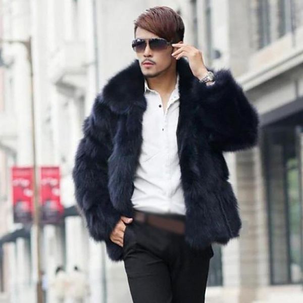

men's clothing faux fur coats long sleeve turn down collar hairy overcoat winter warm outwear hairy coat fashion, Black