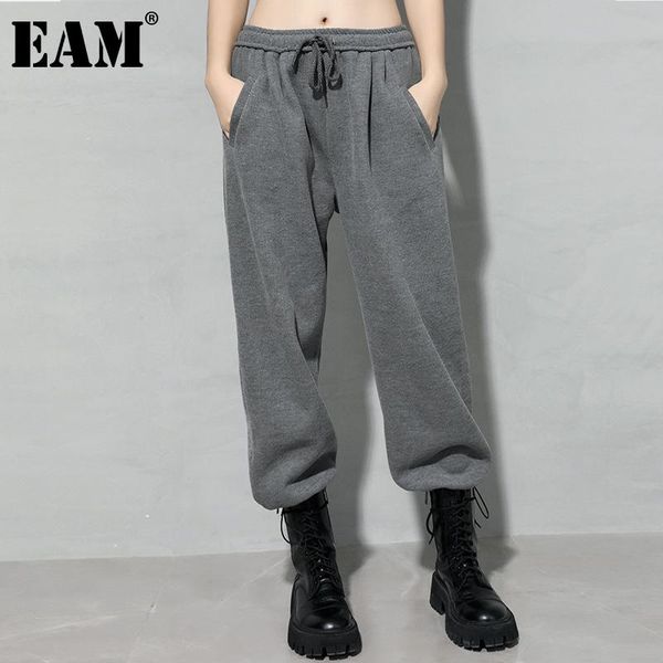 

[eam] drawstring knitted gray long high waist trousers new loose fit pants women fashion tide spring autumn 2021 1dd3610, Black;white