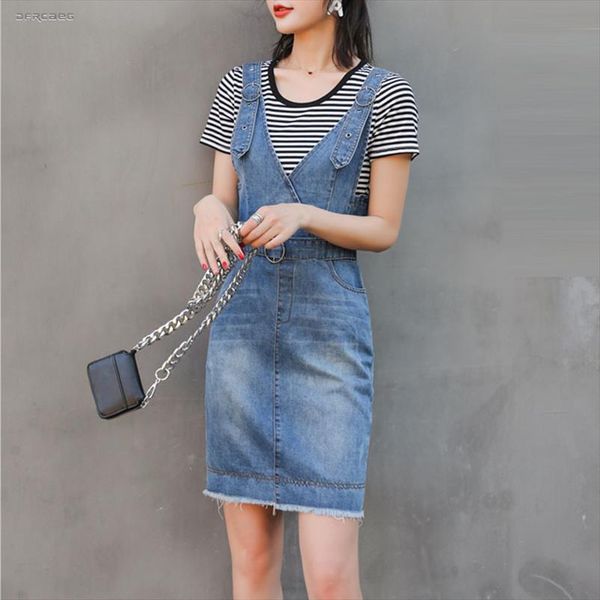 

new arrivals 2019 summer womens suspender denim jumpsuit skirt with pocket high waist blue strap elegant jean skirts femme, Black