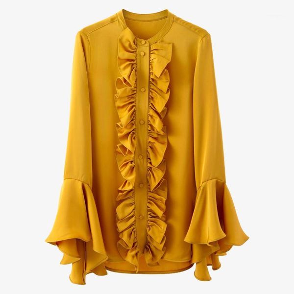 

women casual shirt flare sleeve vintage womens blouses ruffles vintage long woman blouses shirts 2020 new fashion clothes1, White