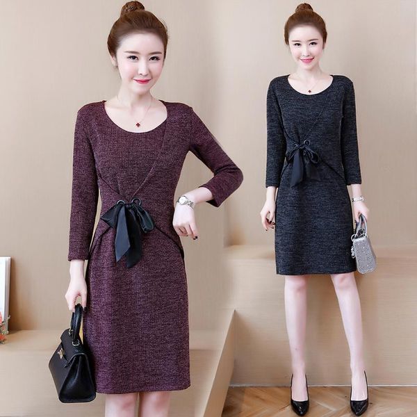 

l- 4xl 5xl solid color sashes women dress plus size long sleeve dress fashion slim pencil dresses for autumn black burgundy z388, Black;gray