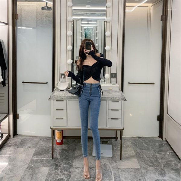 

ladies jeans lace-up zipper high waist slim elastic pants bandage black blue women thin pencil pants spring1