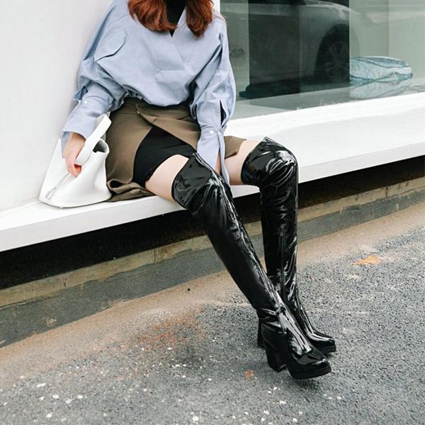 

новая зима ботинок женщины кожа блестящая более-сапоги мода добыч каблуки женщина sexy черных длинная обувь 2020, Black