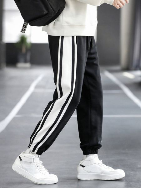 

men contrast side seam drawstring waist pants 45xc#, Black