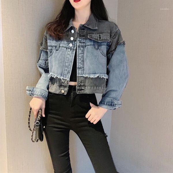 

personality gray blue stitching denim jacket female loose long sleeve jacket1, Black;brown