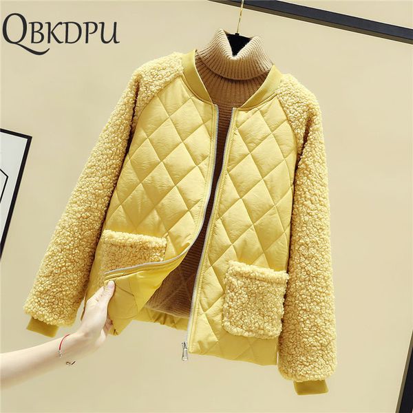 

yellow patchwork fashion new parkas women plush casual lambs thicken loose cashmere stitching jacket female casual streetwear lj201021, Black