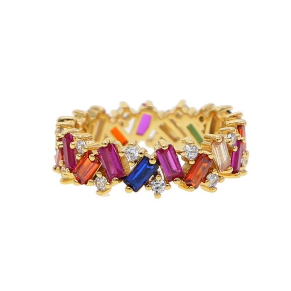 

gold color fashion jewelry rainbow square baguette cz engagement ring for women colorful cubic zirconia cz eternity band ring, Golden;silver