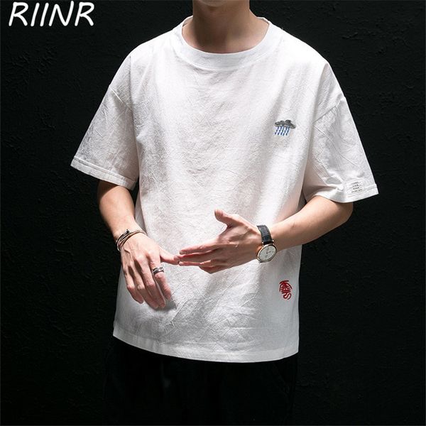 

riinr summer short-sleeved embroidered t-shirt men's round neck loose thin hemp t-shirt sport hooded sweatshirt hoodie