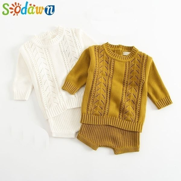 

sodawn autumn winter models baby girls boy clothes cotton knit suit long-sleeved hollow shirt + shorts 2pcs kids sweater set y200323, White