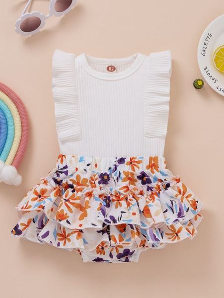 

baby ruffle trim bodysuit & floral print shorts she01, White