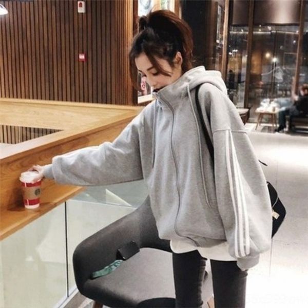 

9xa60 size korean style fashion autumn zipper ins harajuku hooded long 2020 cardigan large sleeve sweater sweater sweater wiotd, Black