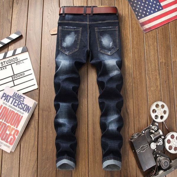 

fashion elastic slim fit skinny straight mens jeans pants new design chinese style chic embroidery males full length trousers1, Blue