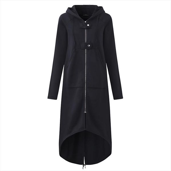 

2020 autumn female hooded sweatshirt zipper up slit back long sleeve loose solid asymmetrical women fleece hoodies coats, Black