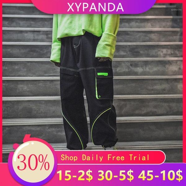 

xypanda beamed casual trousers overalls men's tide brand trend loose cargo straight casual wild nine points pants1, Black