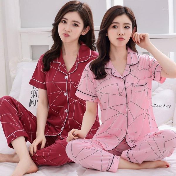 

2019 summer cotton print pajama sets for women short sleeve sleepwear pyjama long pants loungewear homewear pijama mujer clothes1, Black;red