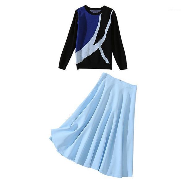 

2020 autumn winter fashion clothing set ladies outfit knitted sweater + blue a line knee length dress1, Gray