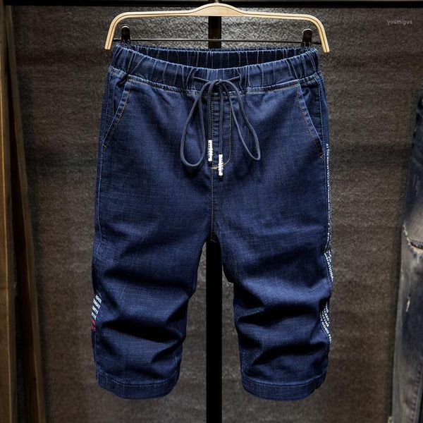 

7xl elastic waist drawstring plus fat plus size jeans men's high waist straight loose denim shorts blue black large size pants1