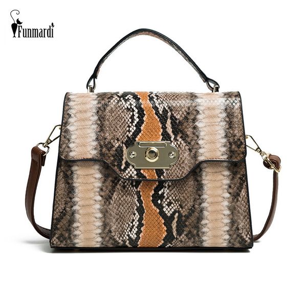 

funmardi vintage serpentine shoulder bag lock design flap bags contrast color women bag snake retro brand crossbody bag wlhb2031 201006