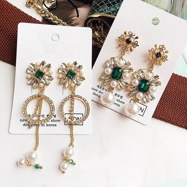 

dangle & chandelier mengjiqiao 2021 europe and america vintage crystal flower earrings for women rhinestone circle simulated pearl brinco, Silver